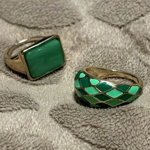 (2) Gold and Green and Green Checker Pattern Ring Duo